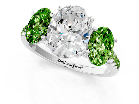 White gold Three-Stone Oval Cut Diamond Ring with Round with Peridot side stone Pavé Band and Prong Setting_1