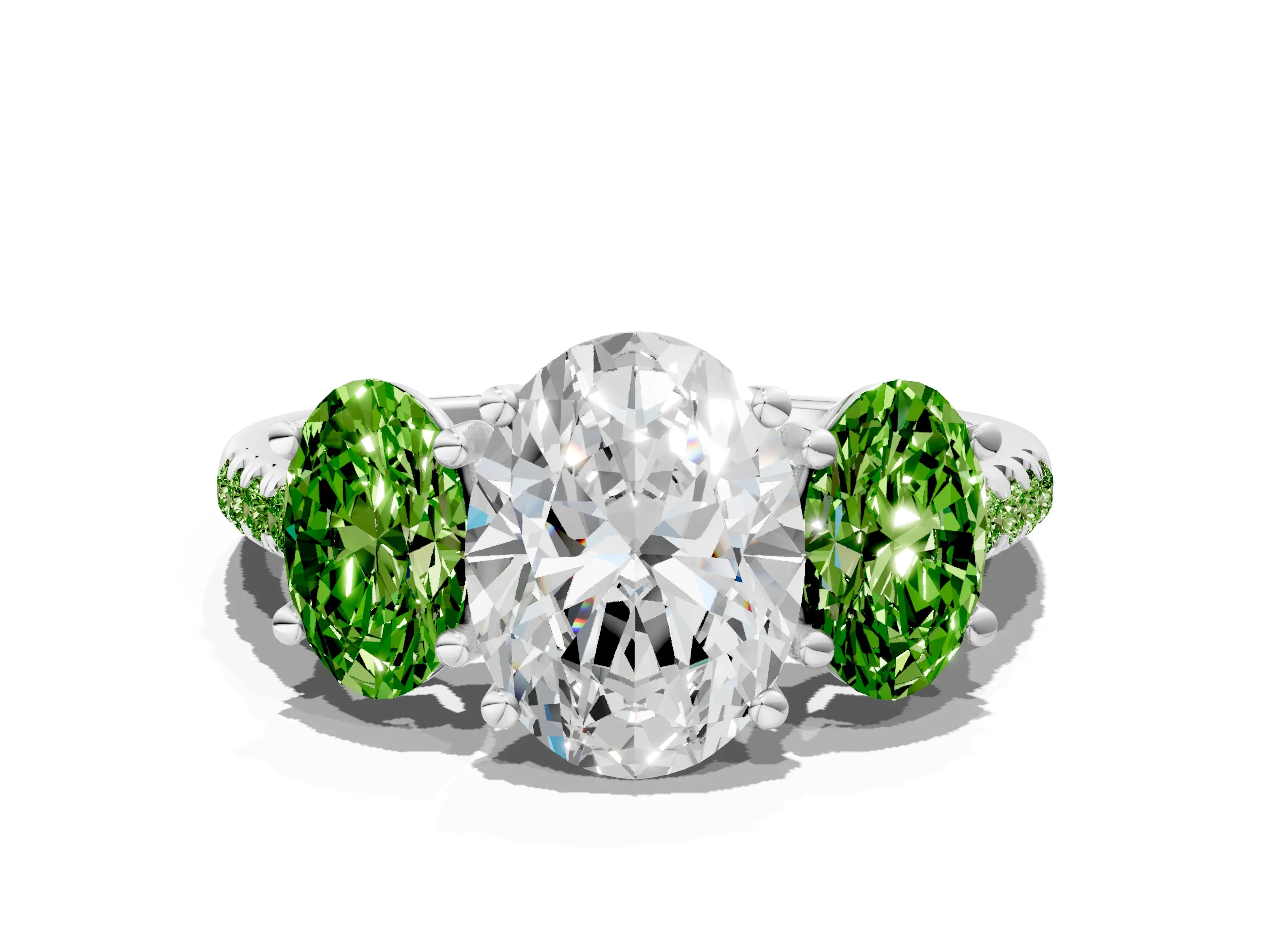 White gold Three-Stone Oval Cut Diamond Ring with Round with Peridot side stone Pavé Band and Prong Setting