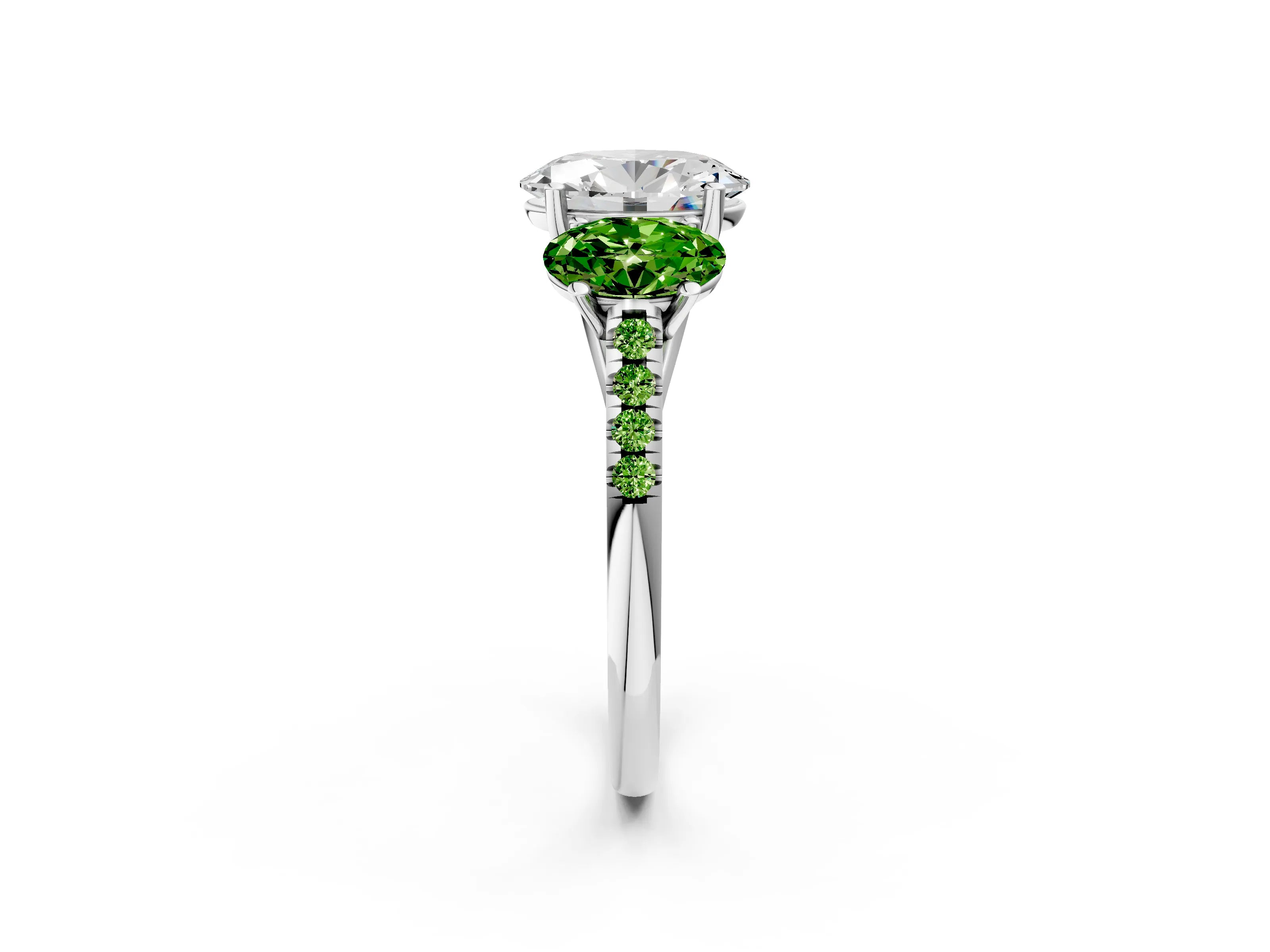 White gold Three-Stone Oval Cut Diamond Ring with Round with Peridot side stone Pavé Band and Prong Setting_2