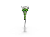 White gold Three-Stone Oval Cut Diamond Ring with Round with Peridot side stone Pavé Band and Prong Setting_2