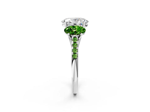 White gold Three-Stone Oval Cut Diamond Ring with Round with Peridot side stone Pavé Band and Prong Setting_2