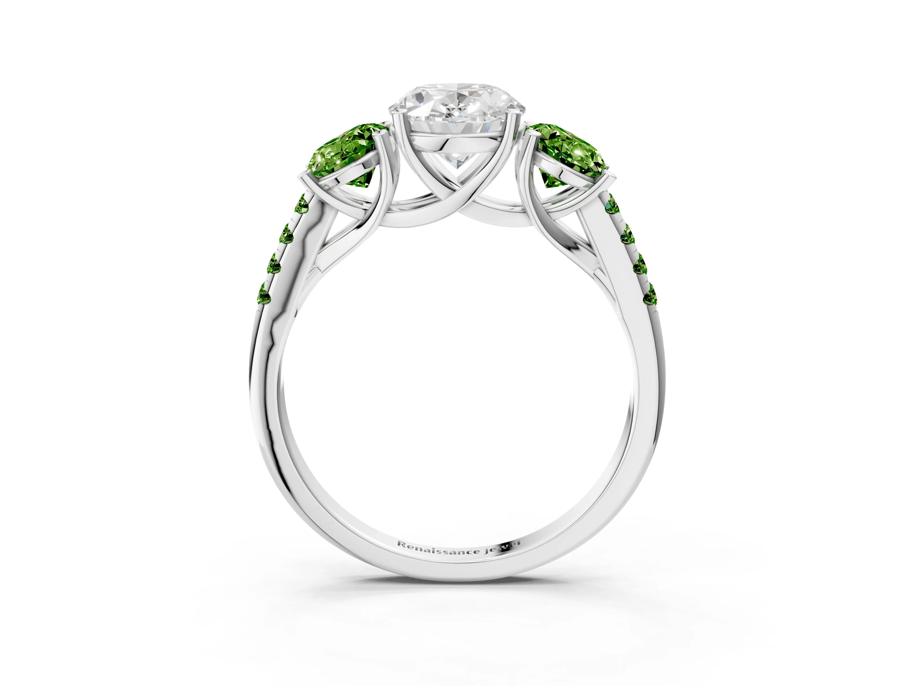 White gold Three-Stone Oval Cut Diamond Ring with Round with Peridot side stone Pavé Band and Prong Setting_3