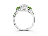 White gold Three-Stone Oval Cut Diamond Ring with Round with Peridot side stone Pavé Band and Prong Setting_3