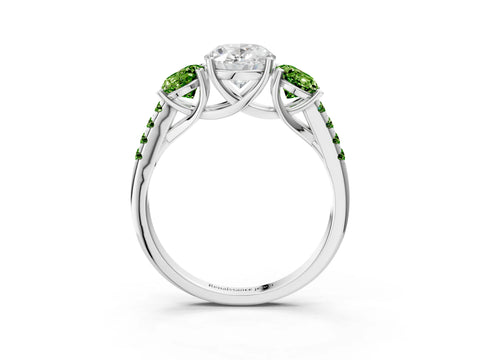 White gold Three-Stone Oval Cut Diamond Ring with Round with Peridot side stone Pavé Band and Prong Setting_3