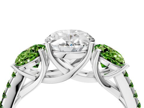 White gold Three-Stone Oval Cut Diamond Ring with Round with Peridot side stone Pavé Band and Prong Setting_4