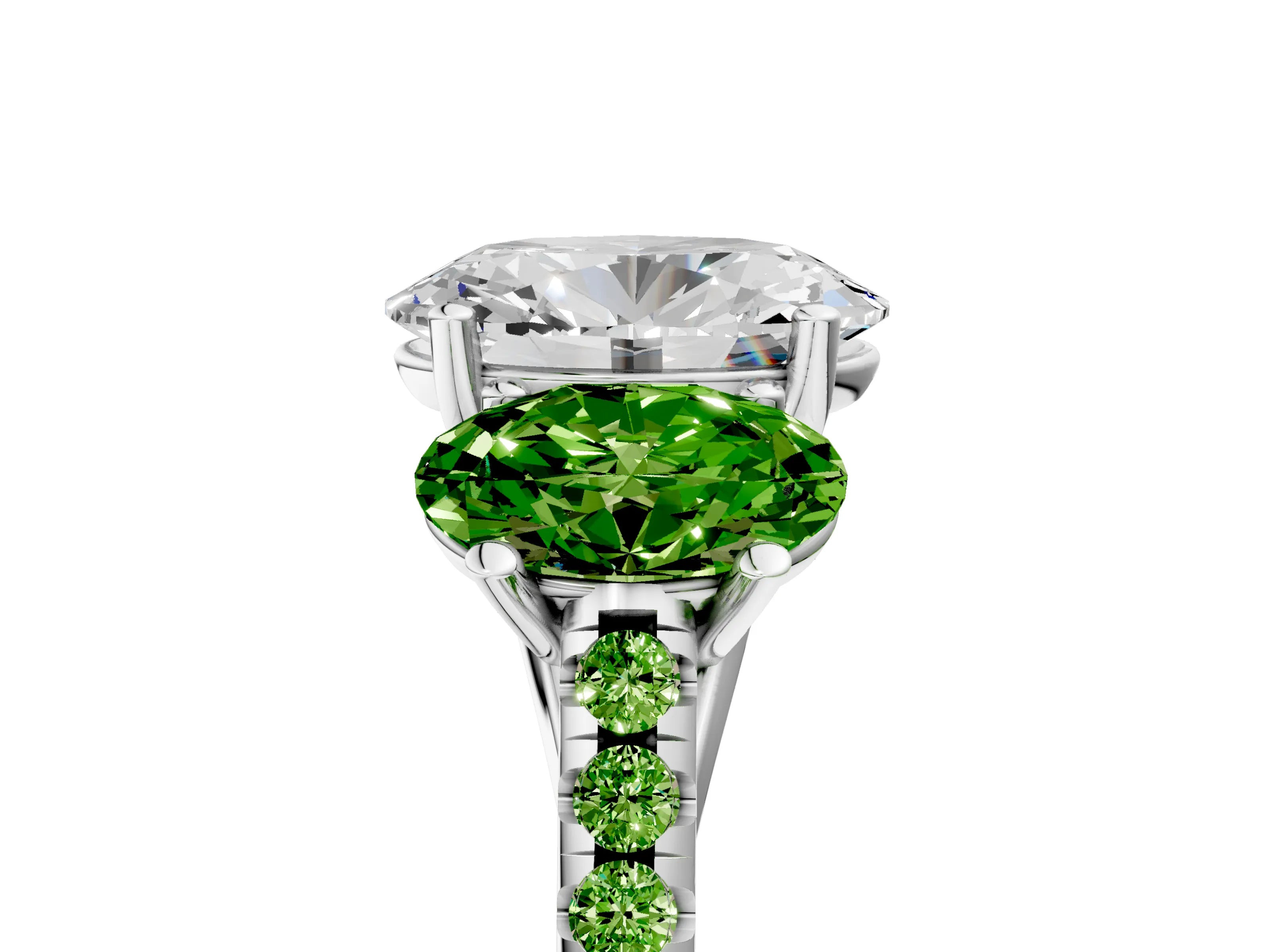 White gold Three-Stone Oval Cut Diamond Ring with Round with Peridot side stone Pavé Band and Prong Setting_5