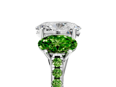 White gold Three-Stone Oval Cut Diamond Ring with Round with Peridot side stone Pavé Band and Prong Setting_5