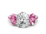 White gold Three-Stone Oval Cut Diamond Ring with Round with Pink Sapphire side stone Pavé Band and Prong Setting