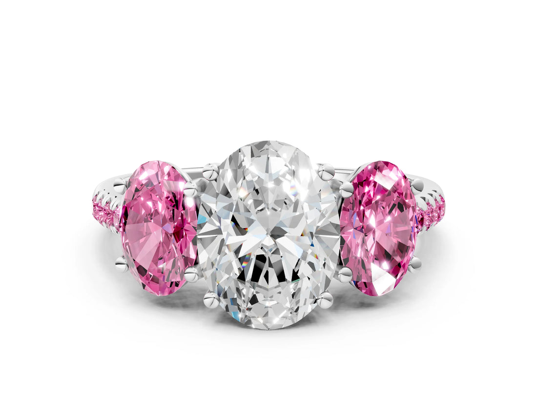 White gold Three-Stone Oval Cut Diamond Ring with Round with Pink Sapphire side stone Pavé Band and Prong Setting_12
