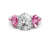White gold Three-Stone Oval Cut Diamond Ring with Round with Pink Sapphire side stone Pavé Band and Prong Setting_12