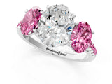 White gold Three-Stone Oval Cut Diamond Ring with Round with Pink Sapphire side stone Pavé Band and Prong Setting_13