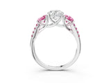 White gold Three-Stone Oval Cut Diamond Ring with Round with Pink Sapphire side stone Pavé Band and Prong Setting_15