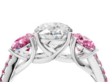 White gold Three-Stone Oval Cut Diamond Ring with Round with Pink Sapphire side stone Pavé Band and Prong Setting_16