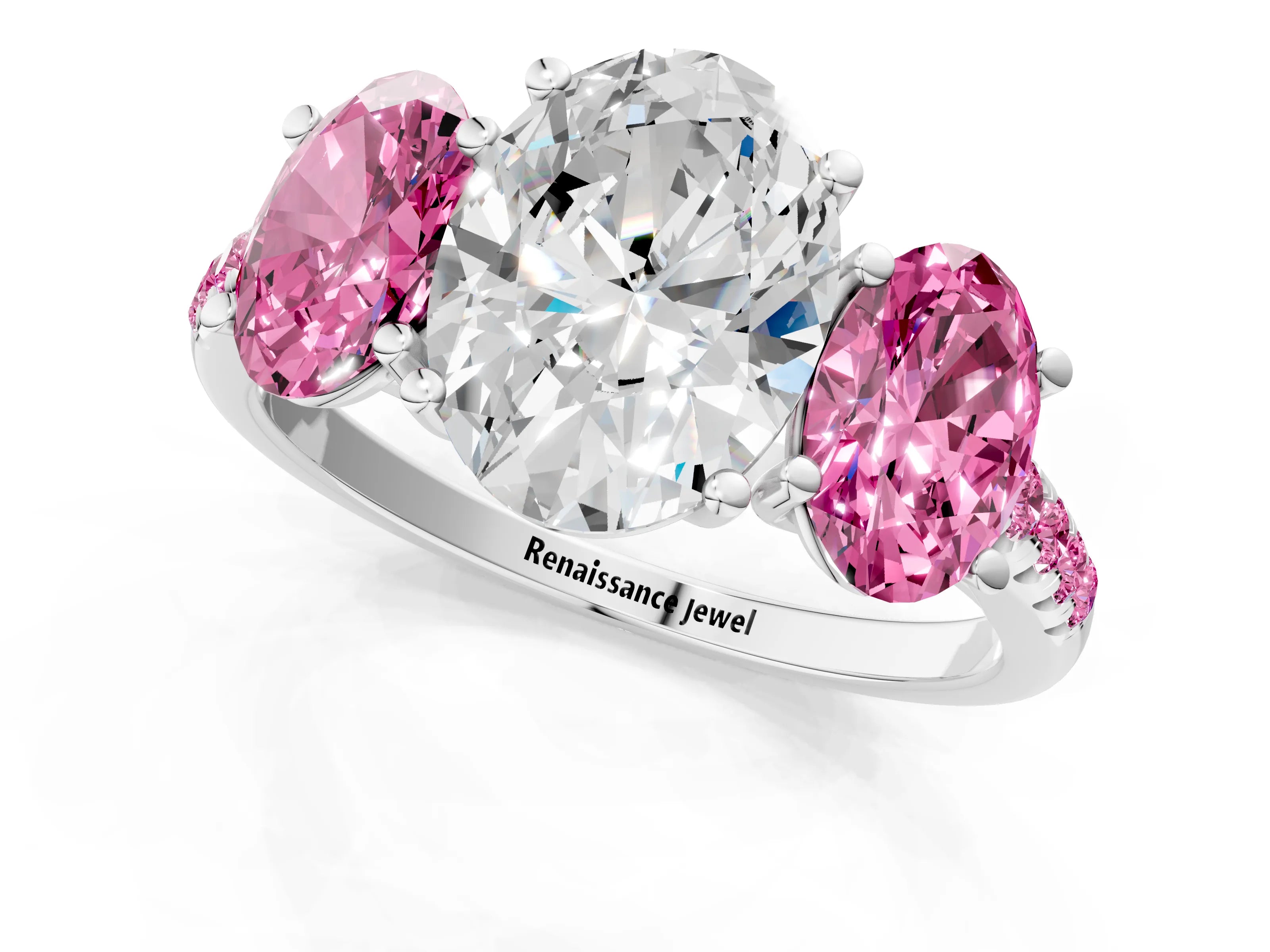 White gold Three-Stone Oval Cut Diamond Ring with Round with Pink Sapphire side stone Pavé Band and Prong Setting_1