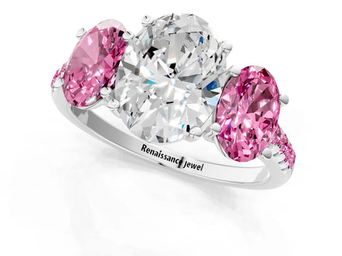 White gold Three-Stone Oval Cut Diamond Ring with Round with Pink Sapphire side stone Pavé Band and Prong Setting_1