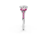 White gold Three-Stone Oval Cut Diamond Ring with Round with Pink Sapphire side stone Pavé Band and Prong Setting_2