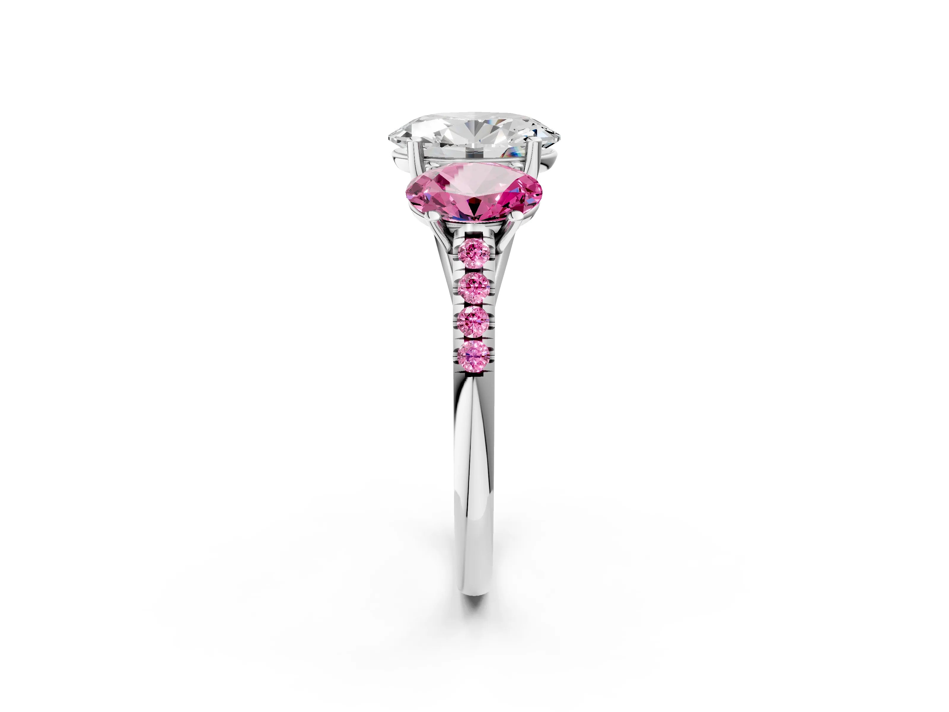 White gold Three-Stone Oval Cut Diamond Ring with Round with Pink Sapphire side stone Pavé Band and Prong Setting_2