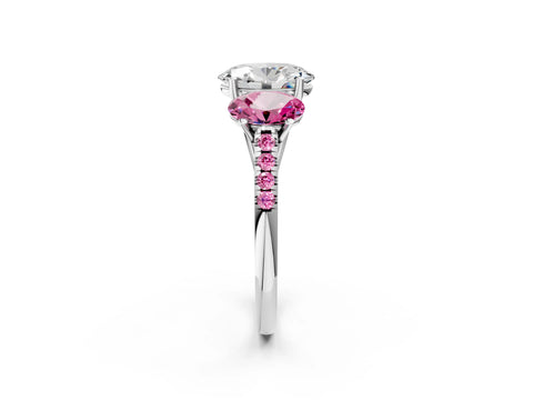 White gold Three-Stone Oval Cut Diamond Ring with Round with Pink Sapphire side stone Pavé Band and Prong Setting_2