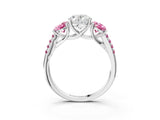 White gold Three-Stone Oval Cut Diamond Ring with Round with Pink Sapphire side stone Pavé Band and Prong Setting_3