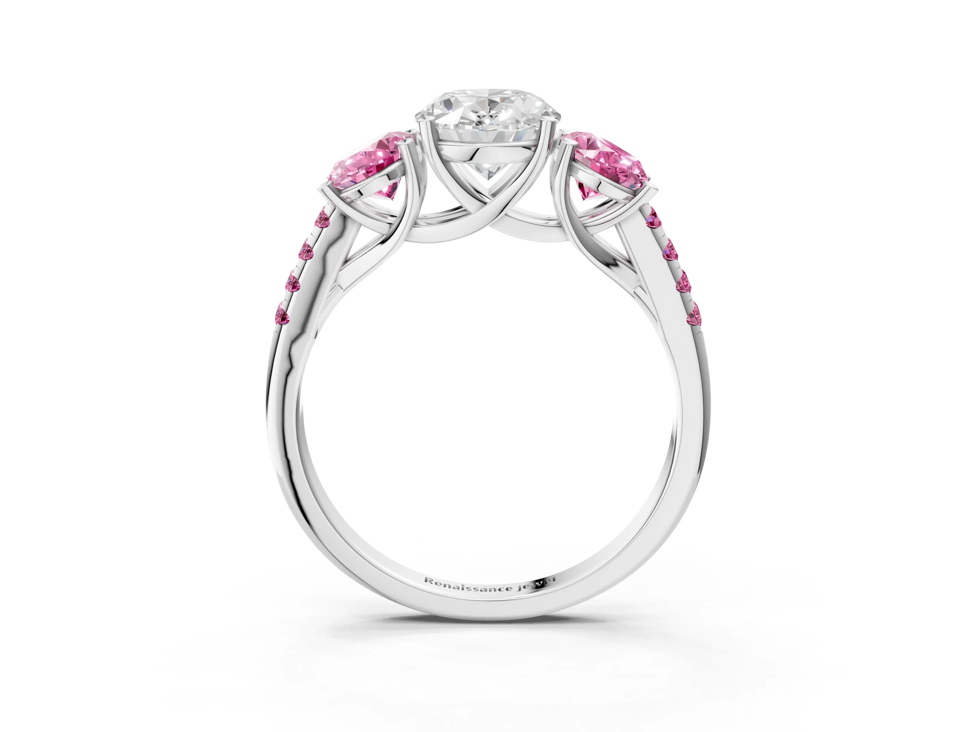 White gold Three-Stone Oval Cut Diamond Ring with Round with Pink Sapphire side stone Pavé Band and Prong Setting_3