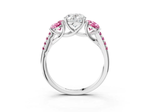 White gold Three-Stone Oval Cut Diamond Ring with Round with Pink Sapphire side stone Pavé Band and Prong Setting_3