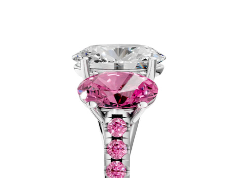 White gold Three-Stone Oval Cut Diamond Ring with Round with Pink Sapphire side stone Pavé Band and Prong Setting_5