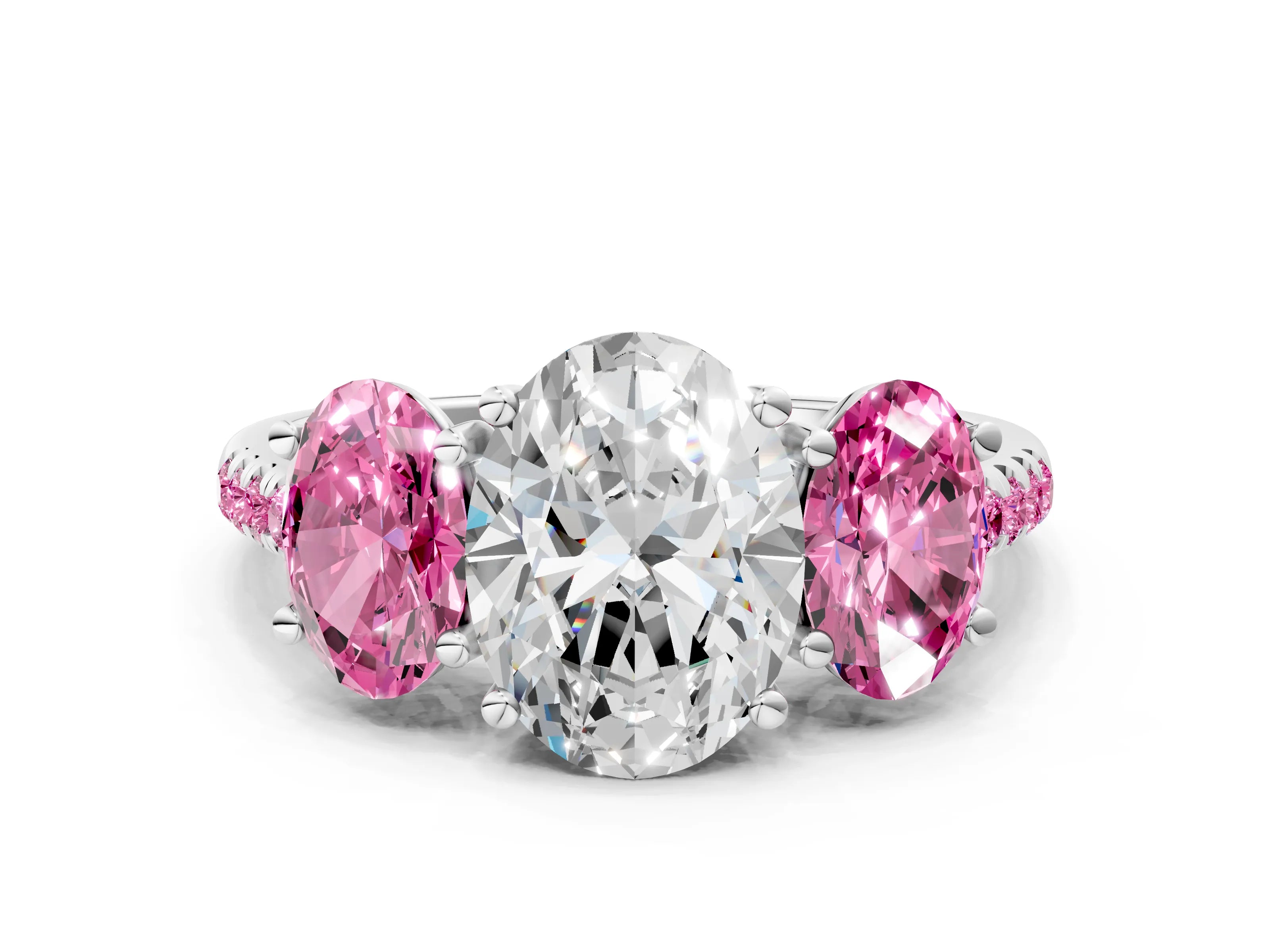 White gold Three-Stone Oval Cut Diamond Ring with Round with Pink Sapphire side stone Pavé Band and Prong Setting