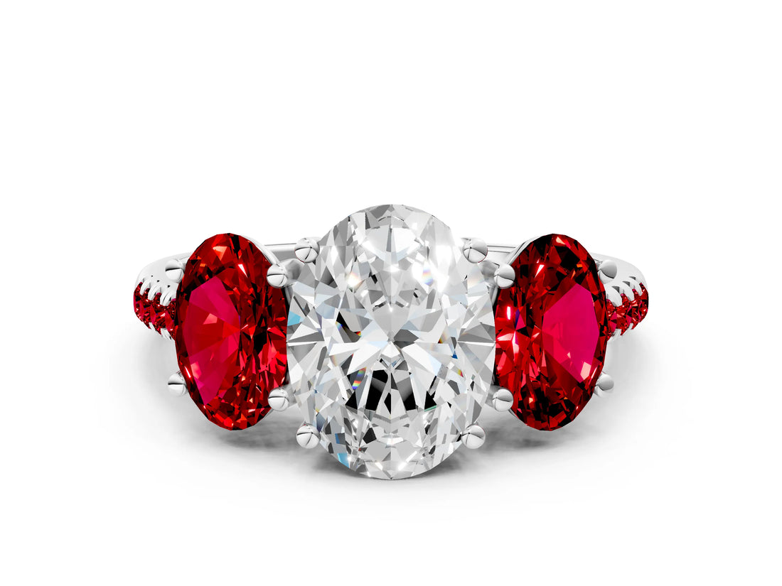 White gold Three-Stone Oval Cut Diamond Ring with Round with Ruby side stone Pavé Band and Prong Setting_12