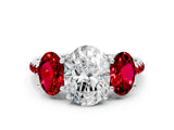 White gold Three-Stone Oval Cut Diamond Ring with Round with Ruby side stone Pavé Band and Prong Setting_12