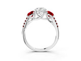 White gold Three-Stone Oval Cut Diamond Ring with Round with Ruby side stone Pavé Band and Prong Setting_15