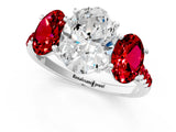 White gold Three-Stone Oval Cut Diamond Ring with Round with Ruby side stone Pavé Band and Prong Setting_1