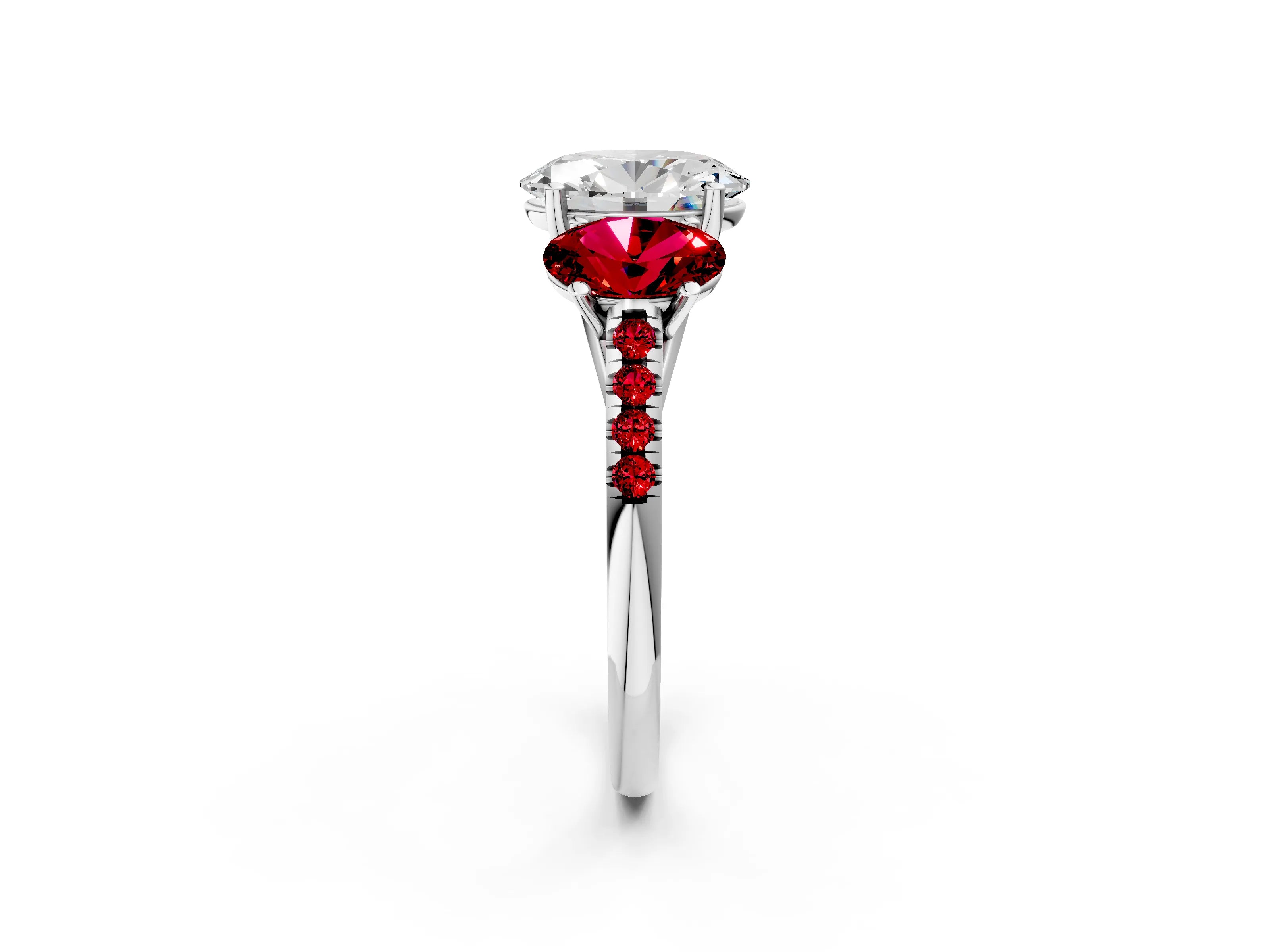White gold Three-Stone Oval Cut Diamond Ring with Round with Ruby side stone Pavé Band and Prong Setting_2