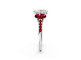 White gold Three-Stone Oval Cut Diamond Ring with Round with Ruby side stone Pavé Band and Prong Setting_2