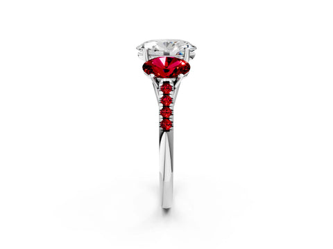 White gold Three-Stone Oval Cut Diamond Ring with Round with Ruby side stone Pavé Band and Prong Setting_2