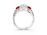 White gold Three-Stone Oval Cut Diamond Ring with Round with Ruby side stone Pavé Band and Prong Setting_3