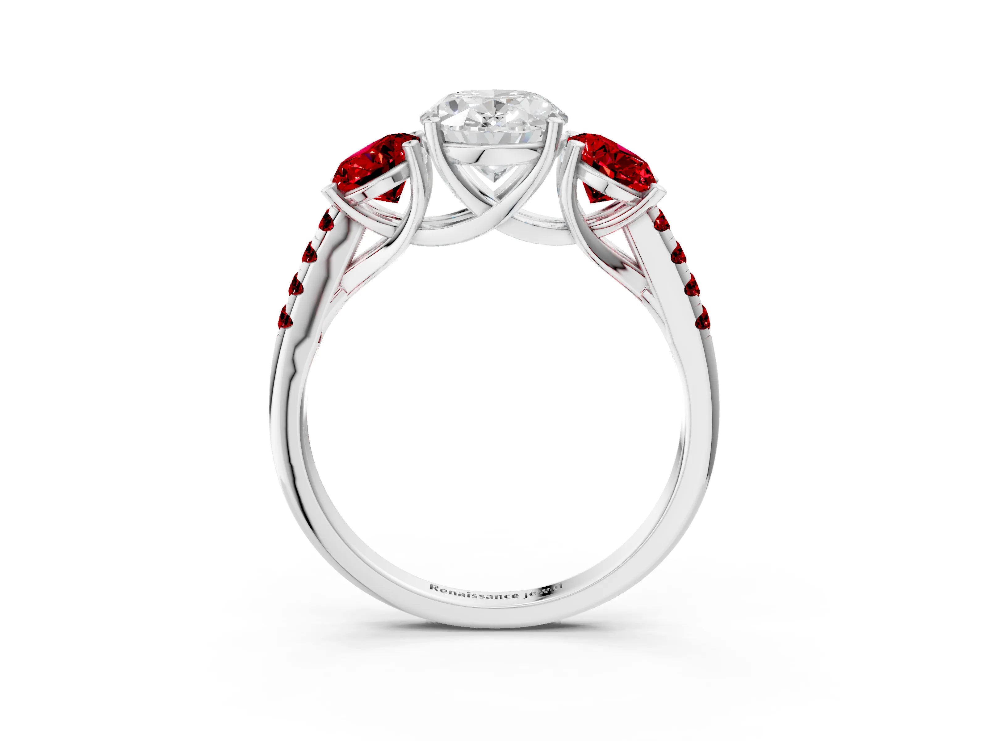 White gold Three-Stone Oval Cut Diamond Ring with Round with Ruby side stone Pavé Band and Prong Setting_3
