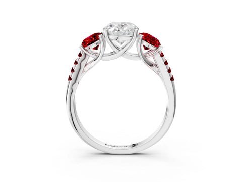 White gold Three-Stone Oval Cut Diamond Ring with Round with Ruby side stone Pavé Band and Prong Setting_3