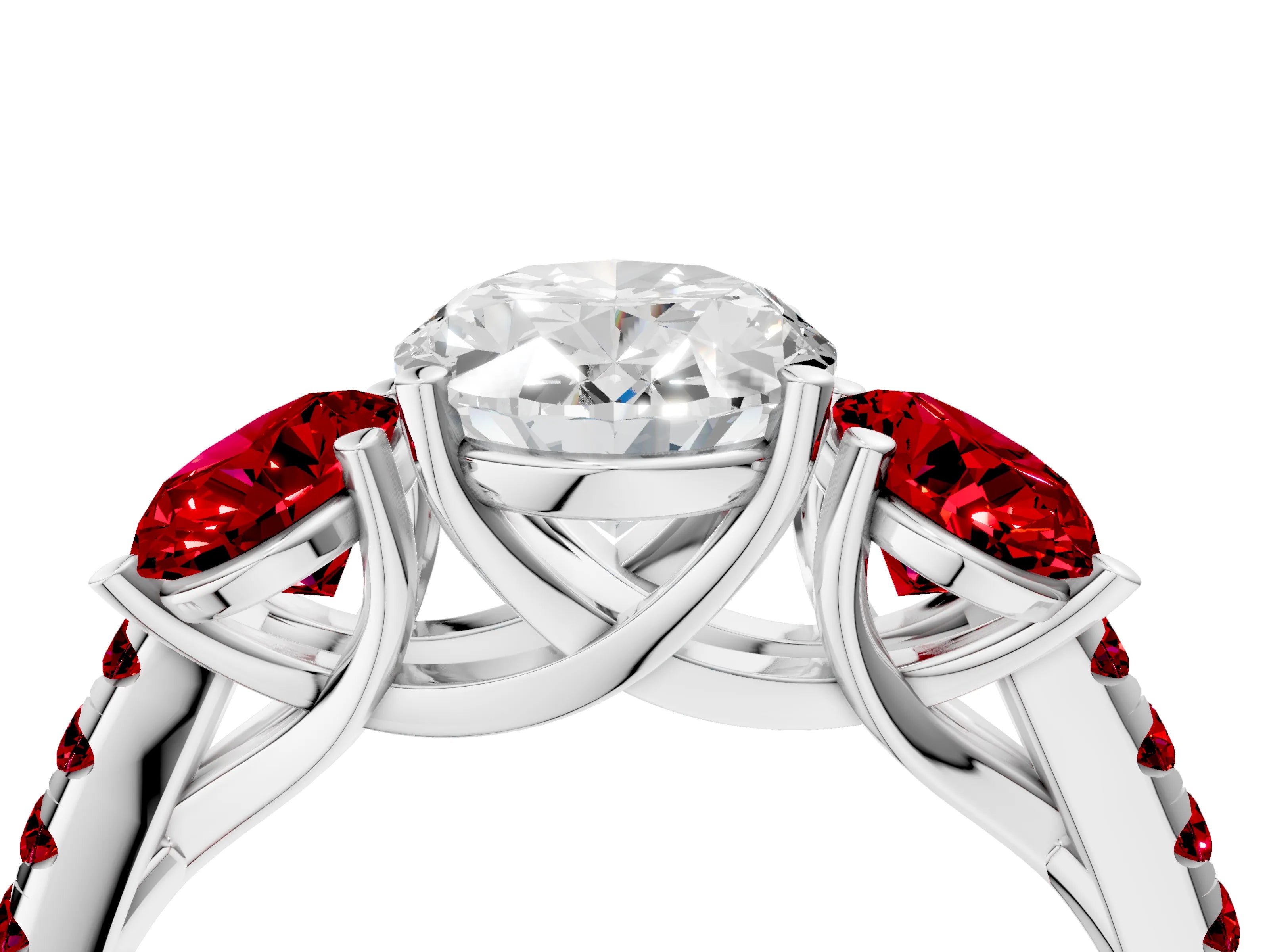 White gold Three-Stone Oval Cut Diamond Ring with Round with Ruby side stone Pavé Band and Prong Setting_4