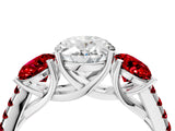 White gold Three-Stone Oval Cut Diamond Ring with Round with Ruby side stone Pavé Band and Prong Setting_4
