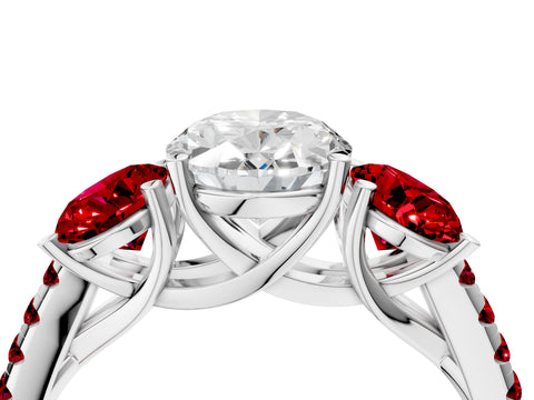 White gold Three-Stone Oval Cut Diamond Ring with Round with Ruby side stone Pavé Band and Prong Setting_4