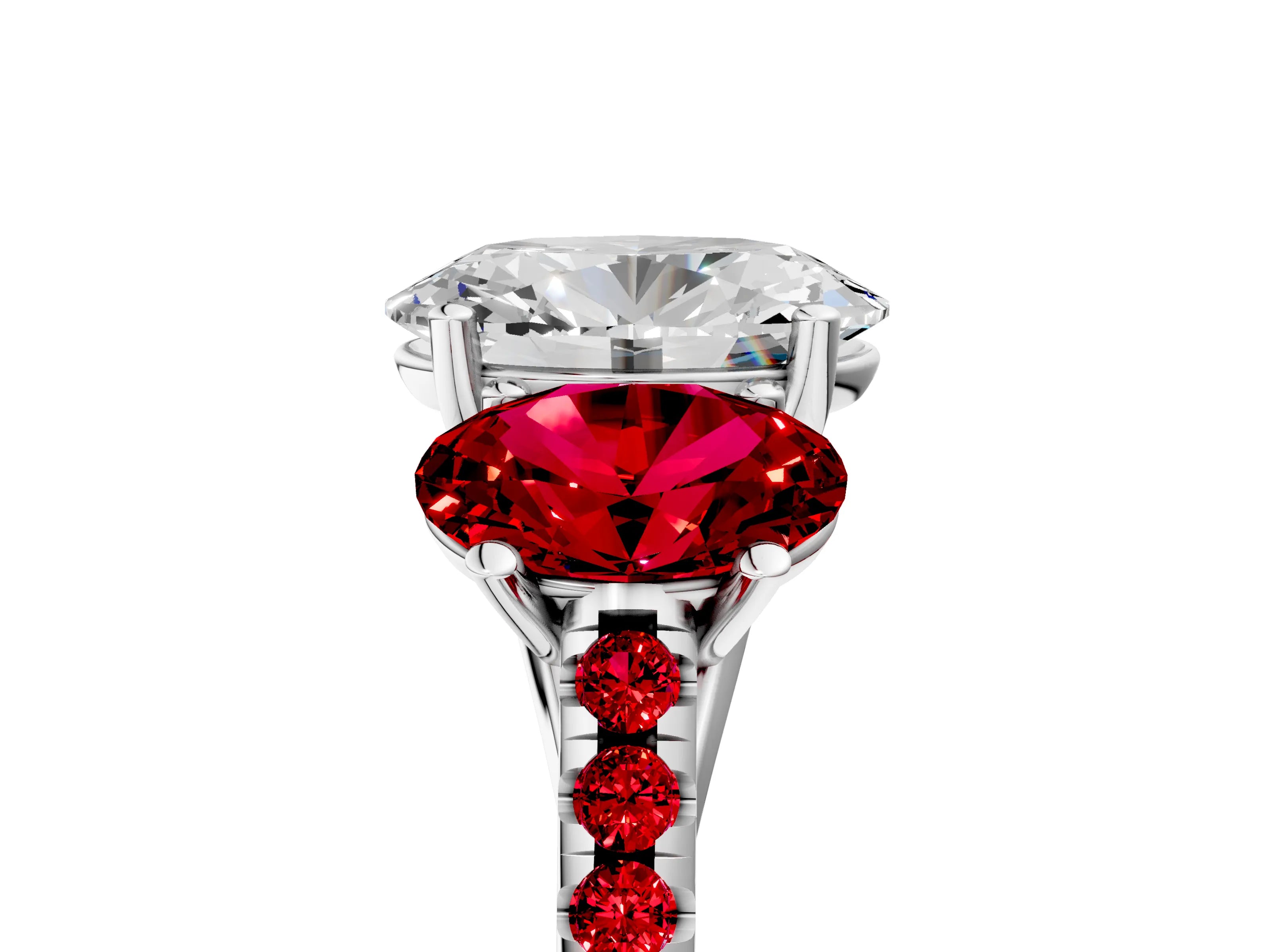 White gold Three-Stone Oval Cut Diamond Ring with Round with Ruby side stone Pavé Band and Prong Setting_5