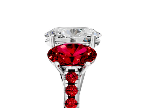 White gold Three-Stone Oval Cut Diamond Ring with Round with Ruby side stone Pavé Band and Prong Setting_5