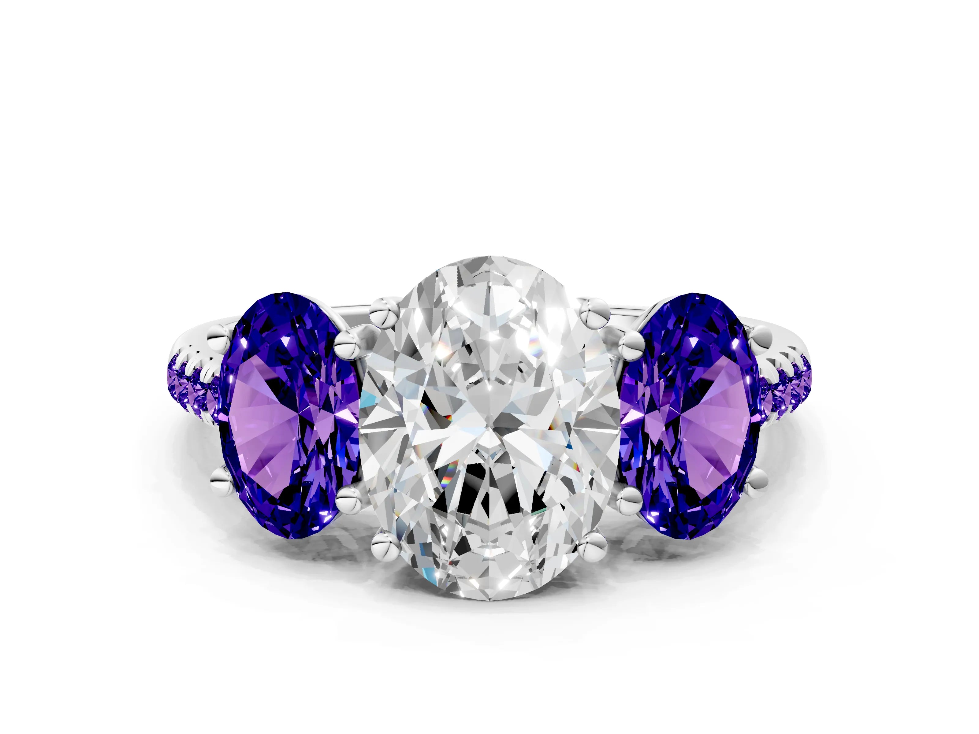 White gold Three-Stone Oval Cut Diamond Ring with Round with Tanzanite side stone Pavé Band and Prong Setting
