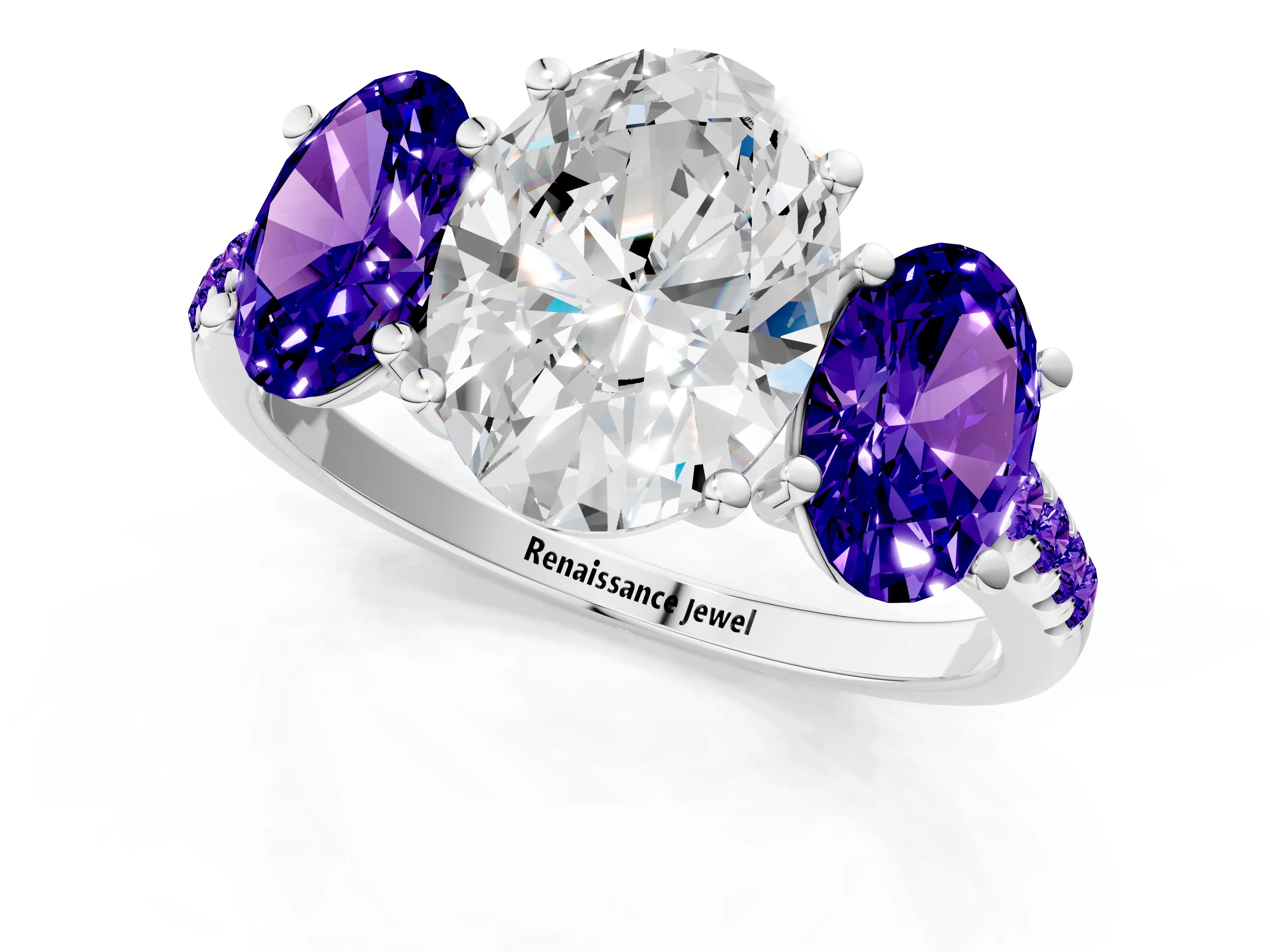 White gold Three-Stone Oval Cut Diamond Ring with Round with Tanzanite side stone Pavé Band and Prong Setting_1