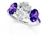 White gold Three-Stone Oval Cut Diamond Ring with Round with Tanzanite side stone Pavé Band and Prong Setting_1