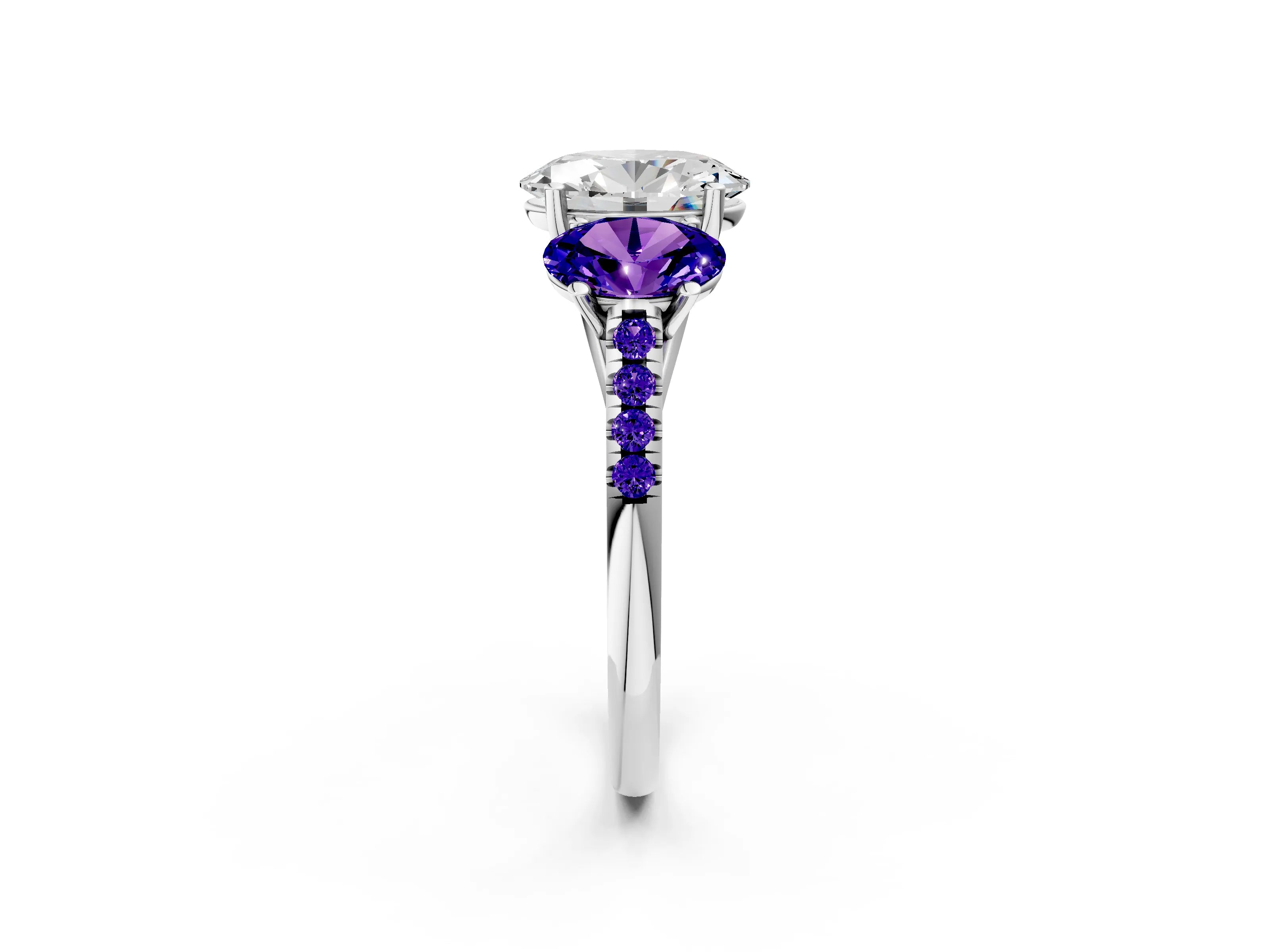 White gold Three-Stone Oval Cut Diamond Ring with Round with Tanzanite side stone Pavé Band and Prong Setting_2