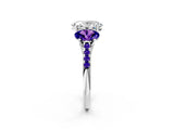White gold Three-Stone Oval Cut Diamond Ring with Round with Tanzanite side stone Pavé Band and Prong Setting_2