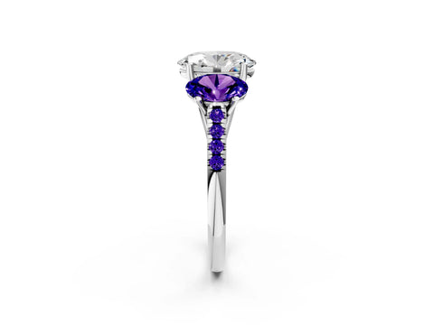 White gold Three-Stone Oval Cut Diamond Ring with Round with Tanzanite side stone Pavé Band and Prong Setting_2