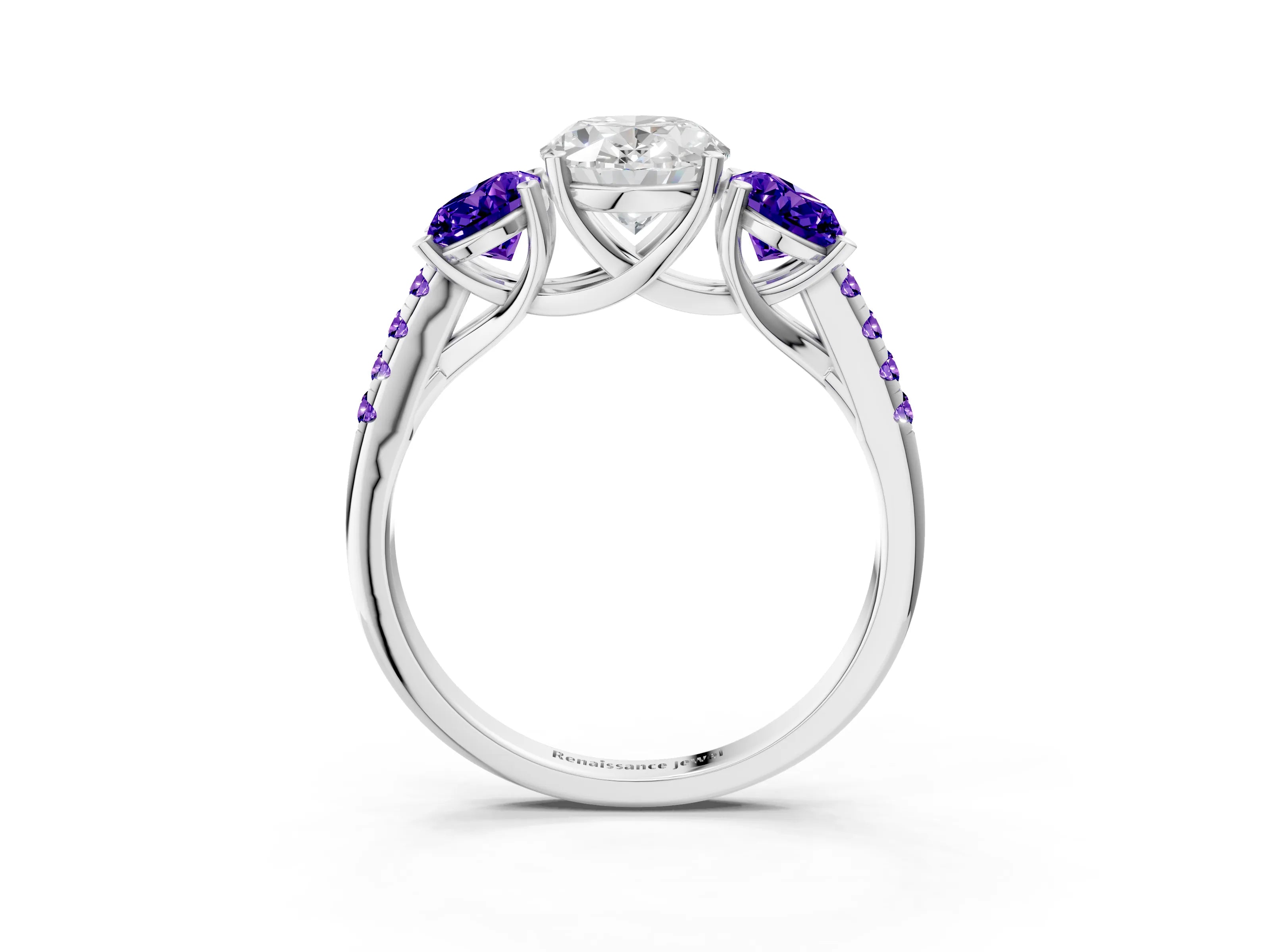White gold Three-Stone Oval Cut Diamond Ring with Round with Tanzanite side stone Pavé Band and Prong Setting_3