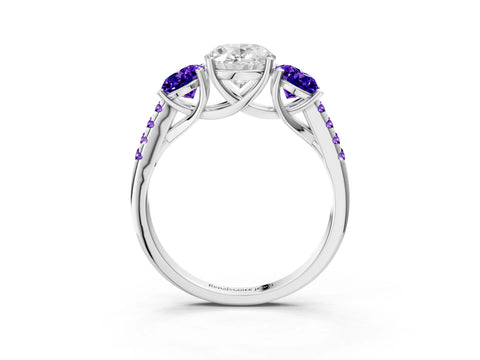 White gold Three-Stone Oval Cut Diamond Ring with Round with Tanzanite side stone Pavé Band and Prong Setting_3